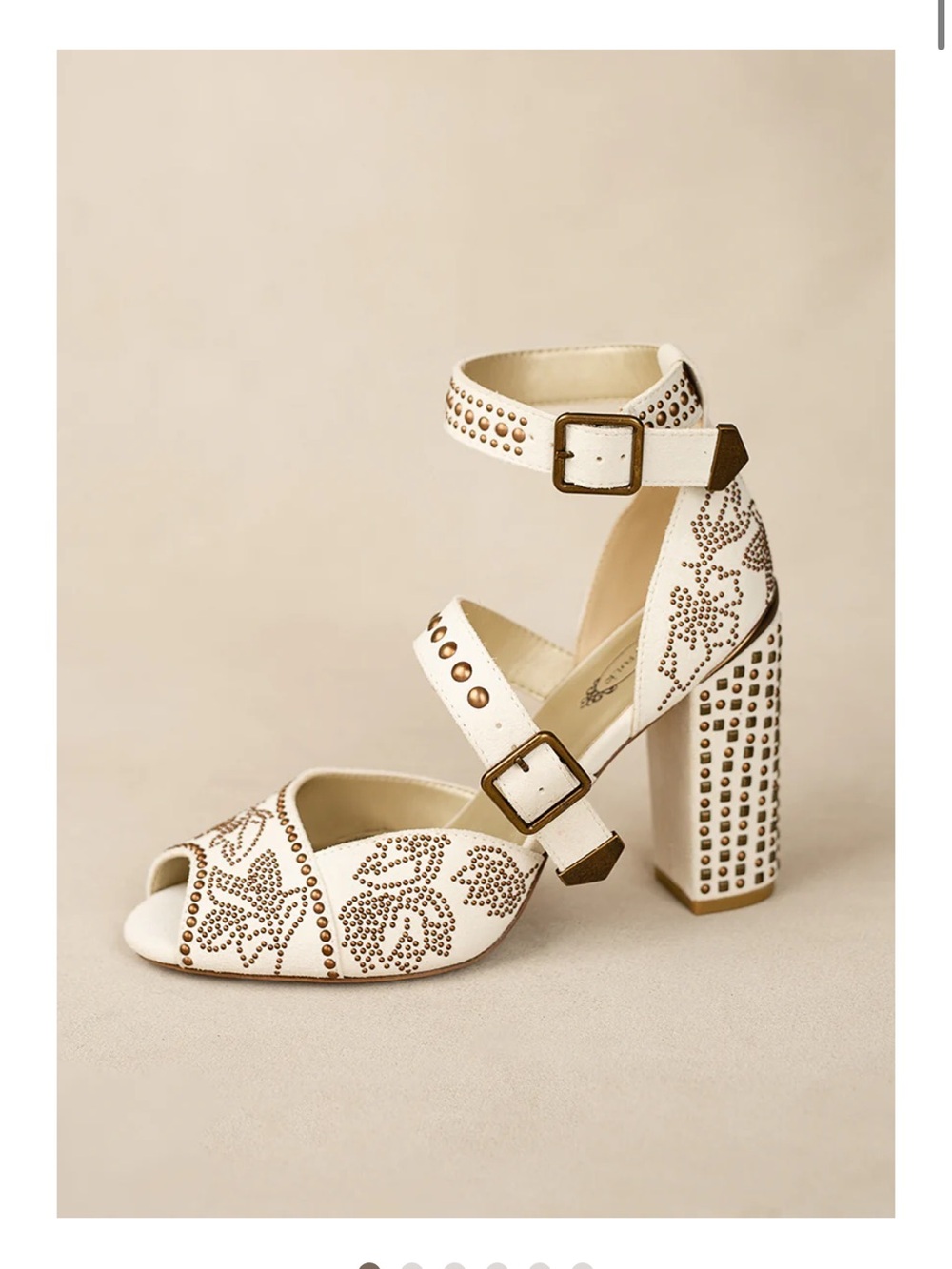 Joyfolie Ivory Studded Ankle-Strap Block Heels